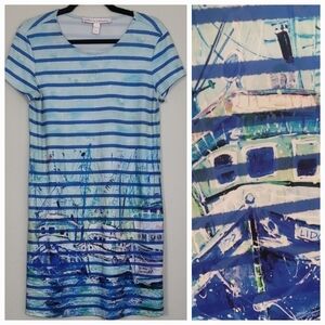 Leoma Lovegrove Tropical Boat Print Tunic Top Size Small Blue Coastal Beachy Art